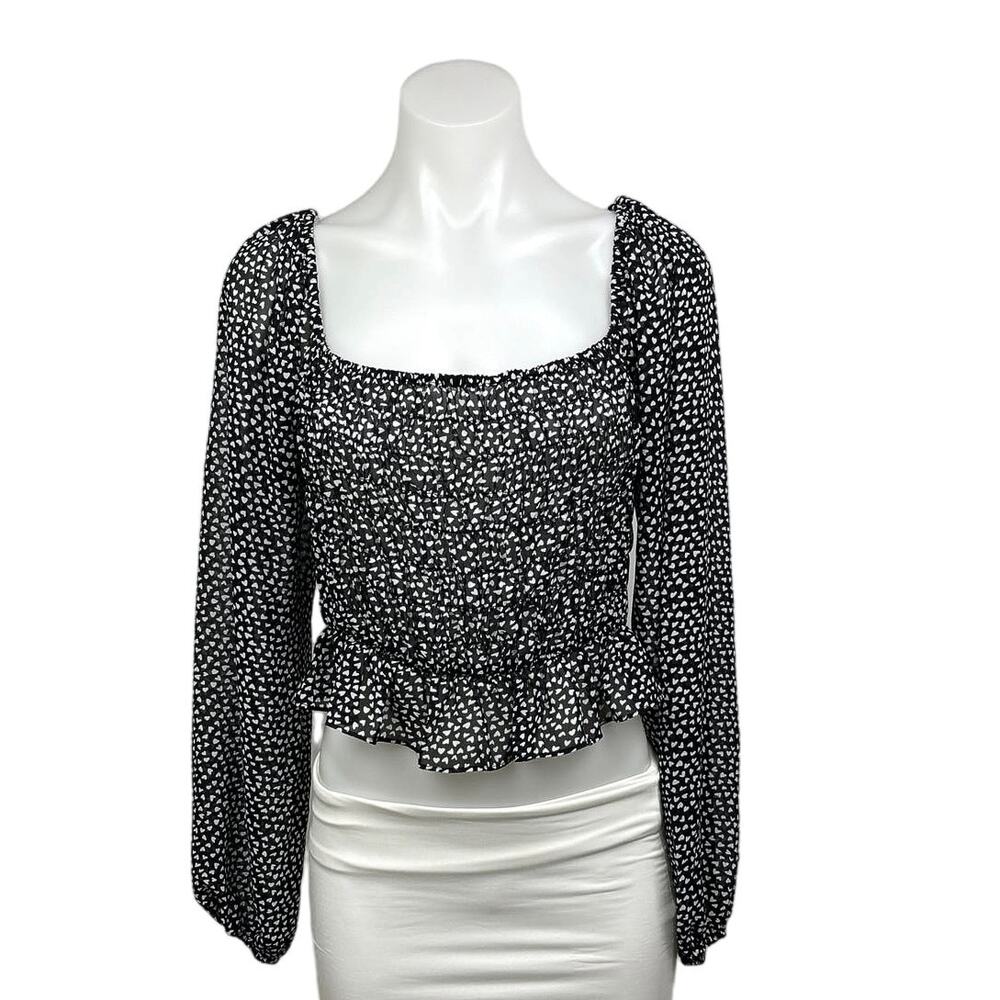 Nasty Gal Black Heart Print Peplum Square Neck Balloon Sleeve Crop Top Blouse 10